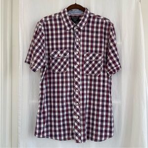 Red, White, Blue Plaid Button Up Short Sleeve Shirt